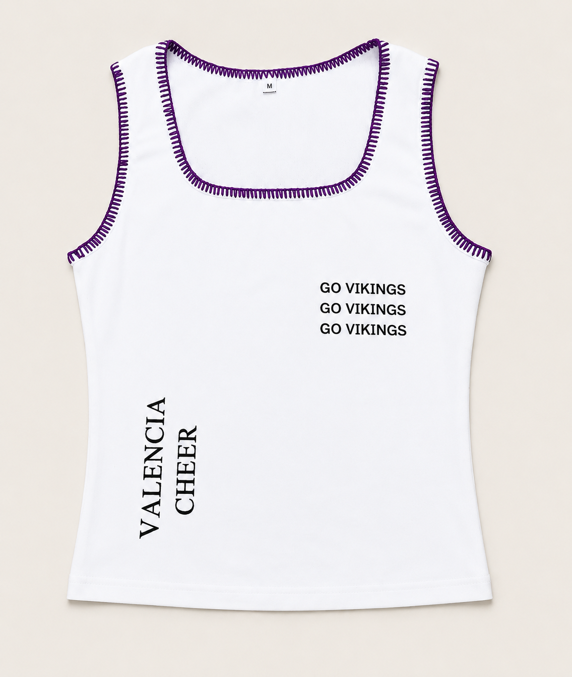 Valencia Cheer Tank Top with Purple Blanket Stitching